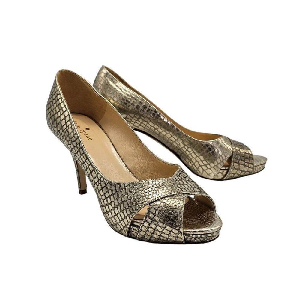 Kate Spade Gold animal embossed print leather peep toe heels Size 8